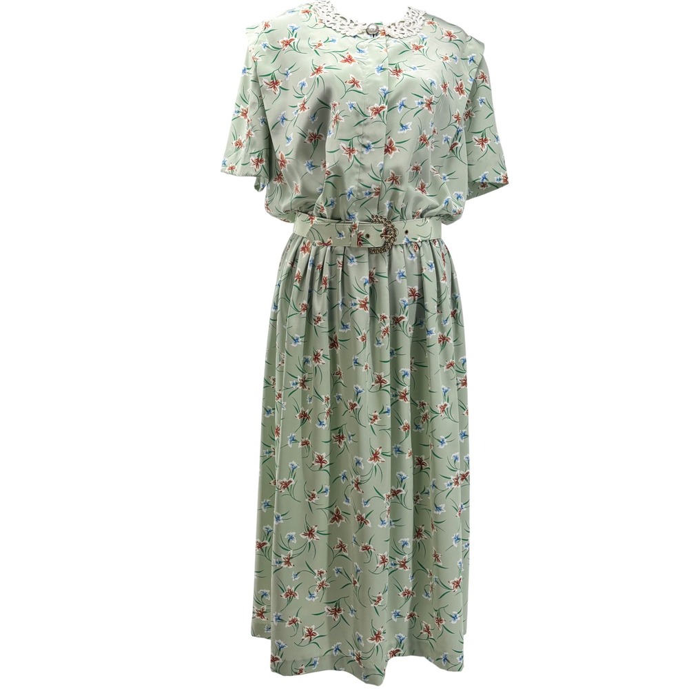Vintage Leslie Fay Floral Midi Dress‎ Sage Green Lace Collar Belted Womens 14